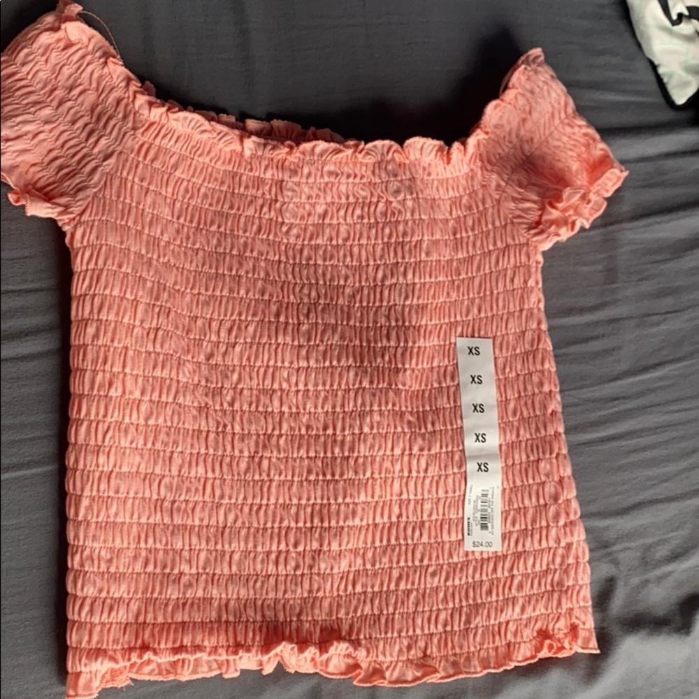 pink off the shoulder, tight, crop top